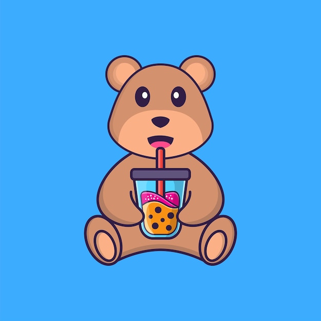 Vector cute bear drinking boba milk tea. animal cartoon concept isolated. flat cartoon style