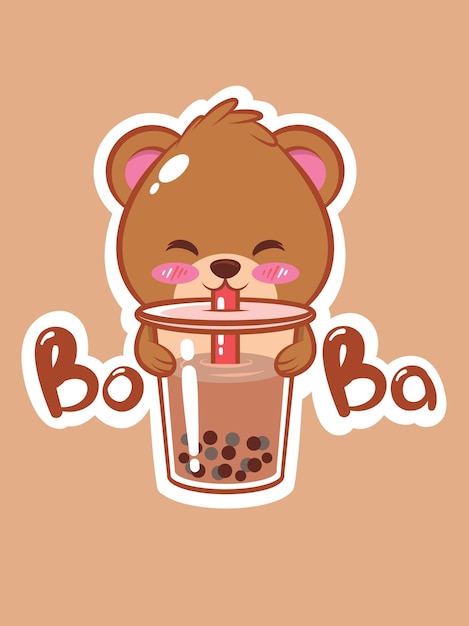 a cute bear drinking boba tea cartoon character  illustration