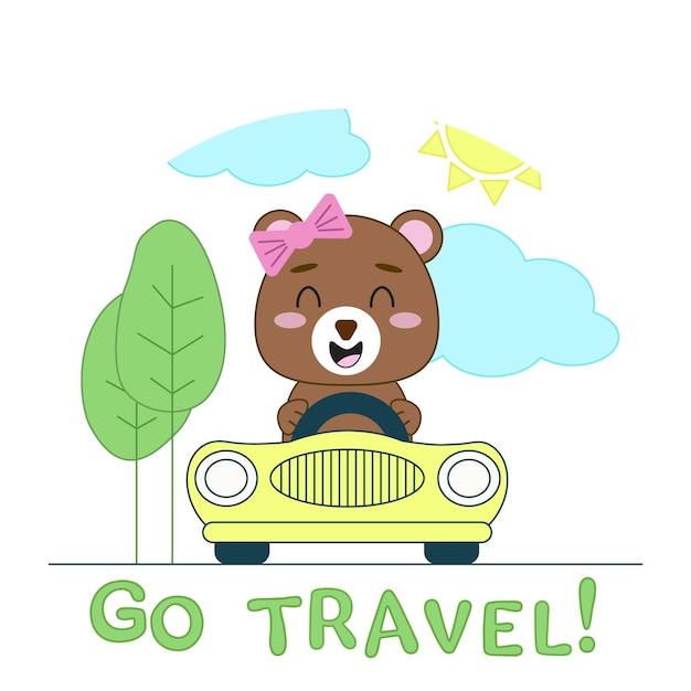 Cute bear driving the car cartoon illustration