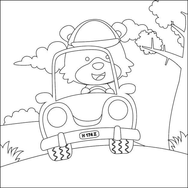 Cute bear driving a car go to forest funny animal cartoon colouring book or page