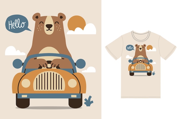 Cute bear driving car illustration with tshirt design premium vector