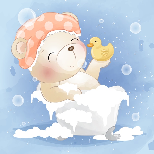 Cute bear and ducky are showering