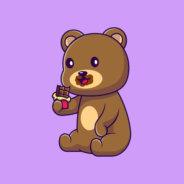 Cute Bear Eating Chocolate Bar Cartoon Vector Icons Illustration