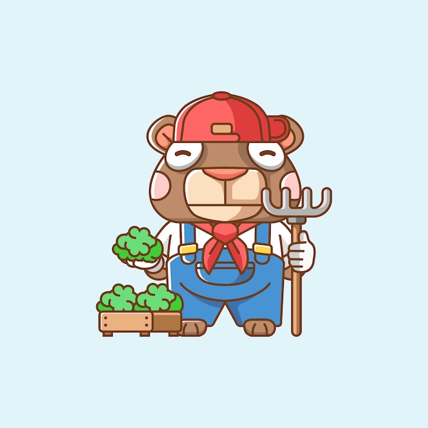 Cute Bear farmers harvest fruit vegetables animal character mascot icon flat style illustration