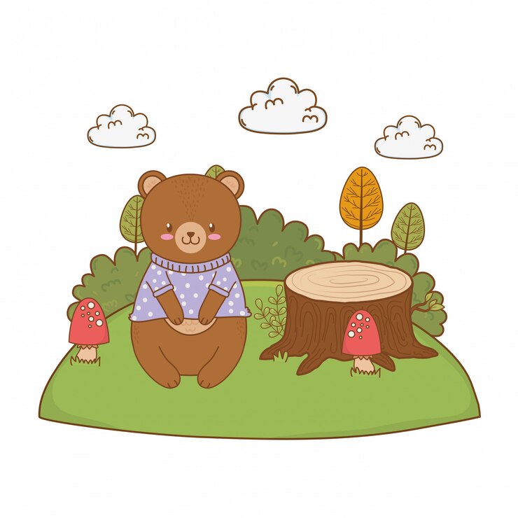 Vector cute bear in the field woodland character