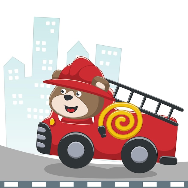 Cute bear firefighter riding fire truck cartoon vector icon illustration animal rescue icon concept