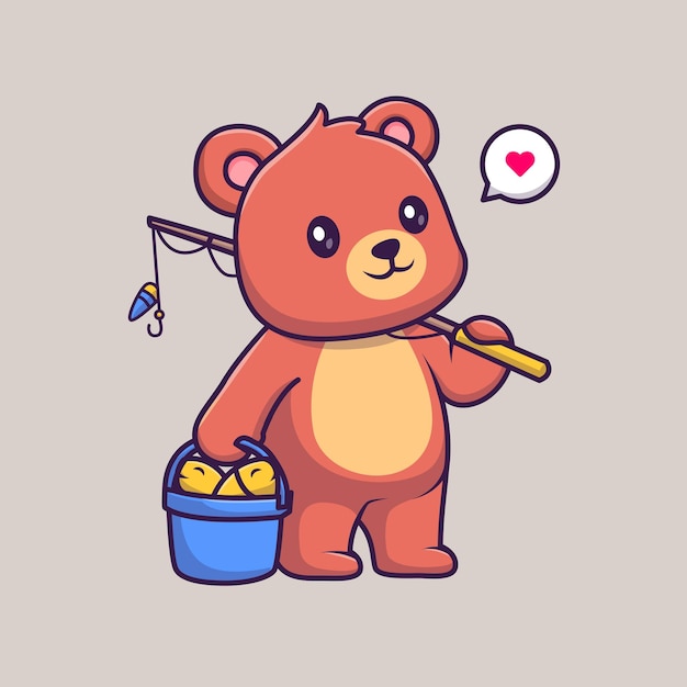 cute bear fishing fish cartoon vector icon illustration. animal holiday icon concept isolated flat