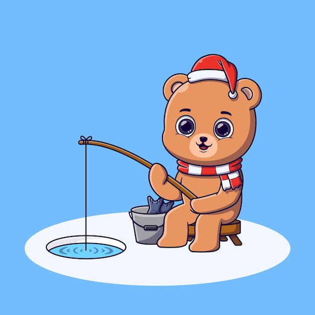 Simpatico orso che pesca nel buco del ghiaccio