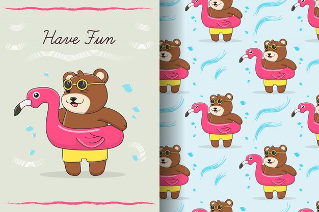 Cute bear flamingo swim ring seamless pattern and card