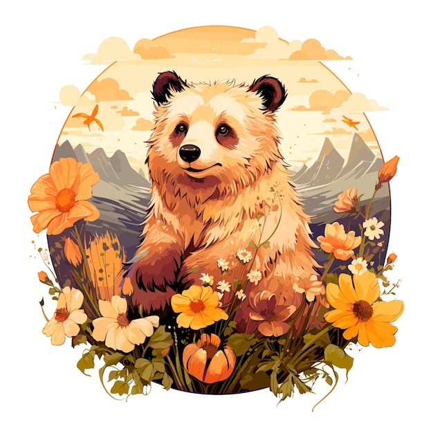 cute bear in flower garden background vector art