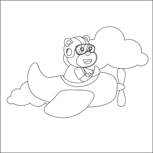 비행기 만화 손으로 그린 색칠 공부 또는 페이지에서 비행하는 귀여운 곰