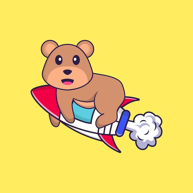 Милый медведь летит на ракете. Концепция животных мультфильм изолированы. Плоский мультяшном стиле