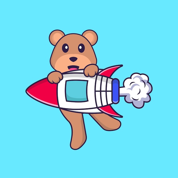 Cute bear flying on rocket. Animal cartoon concept isolated.