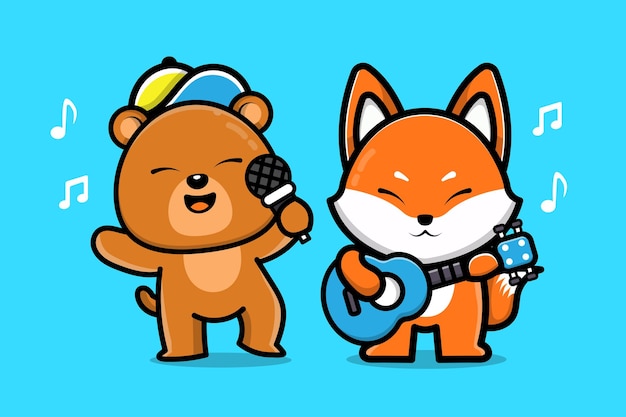 Cute bear and fox playing music animal friend cartoon illustration