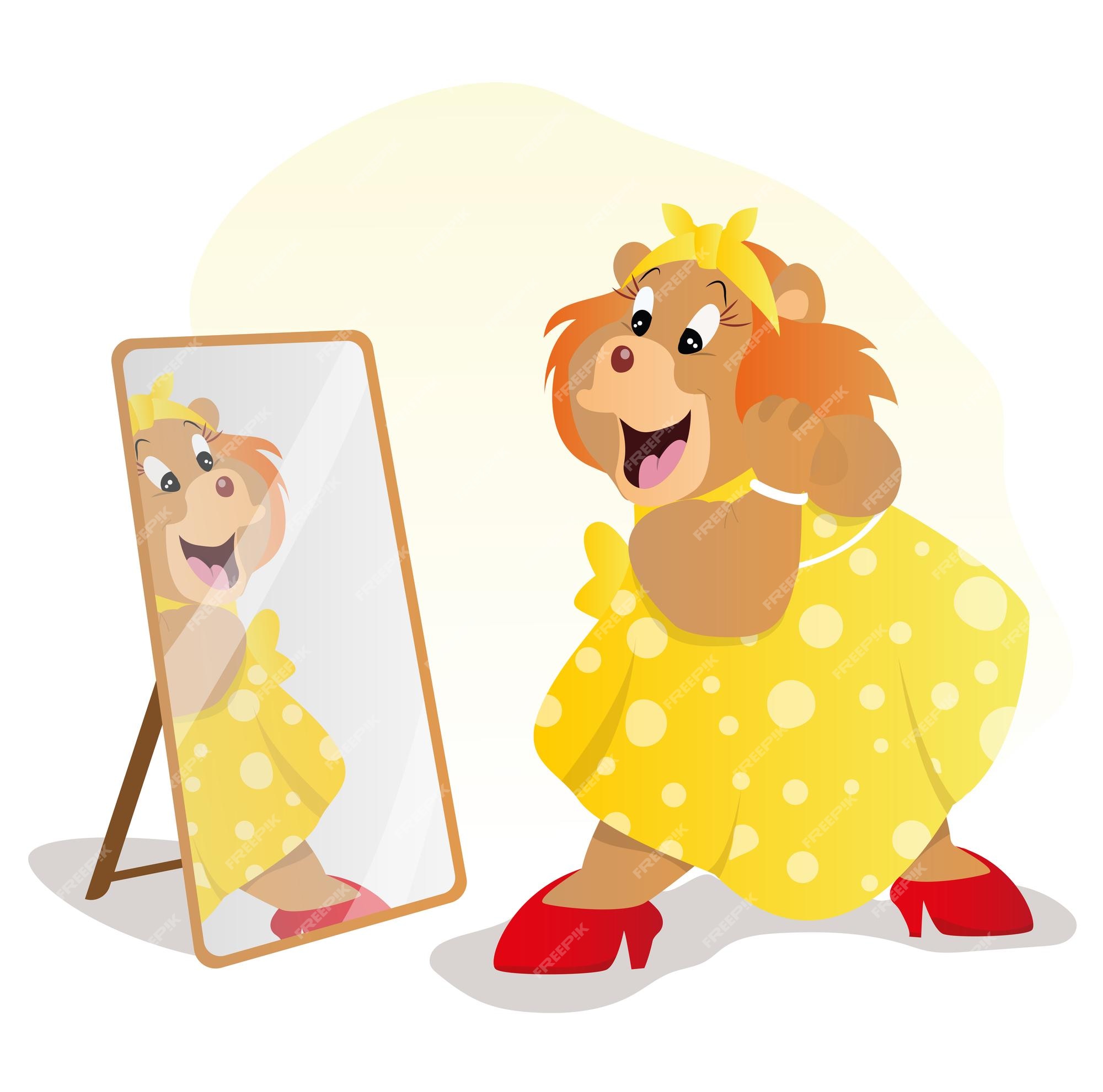 Premium Vector  A cute bear from the gummy bear cartoon in a yellow dress  and red shoes stands in front of a mirror