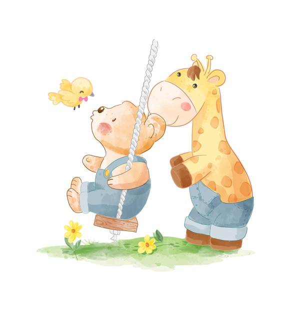 Cute bear and giraffe playing swing in the garden cartoon illustration