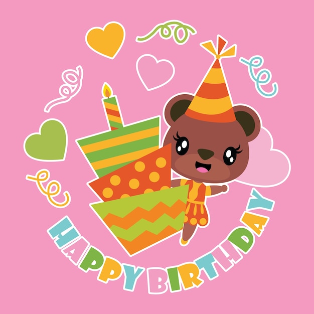 Симпатичная девочка-медведь и мультфильм торт ко дню рождения