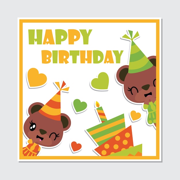 Vector cute bear girl and birthday cake frame cartoon