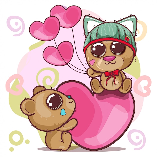 Vector cute bear girl and boy with hearts - illustration