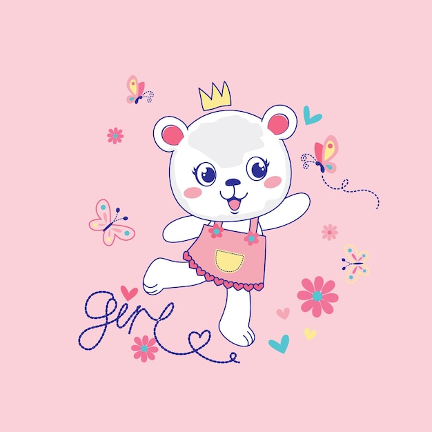 cute bear girl vector on floral background