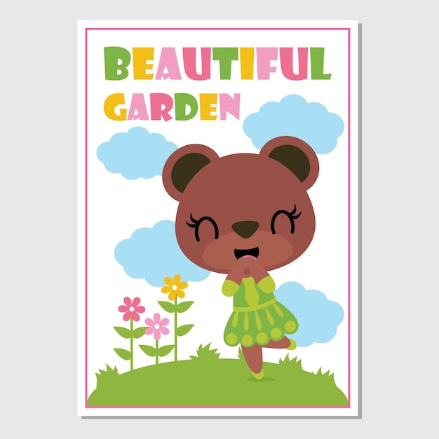 Cute bear girls on flower garden cartoon