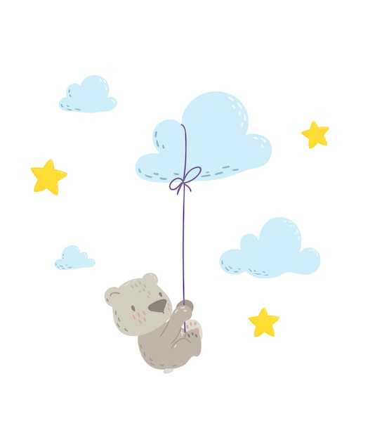 Vector cute bear hanging on cloud balloon