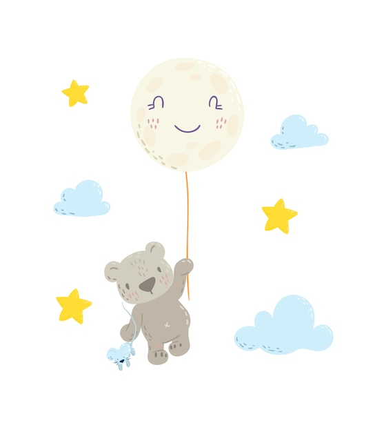 Vector cute bear hanging on moon balloon