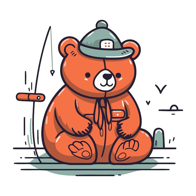 Vector cute bear in a hat sits on the ground vector illustration