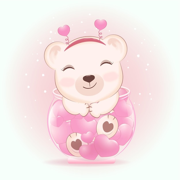 Cute Bear and heart in jar valentine's day concept illustration