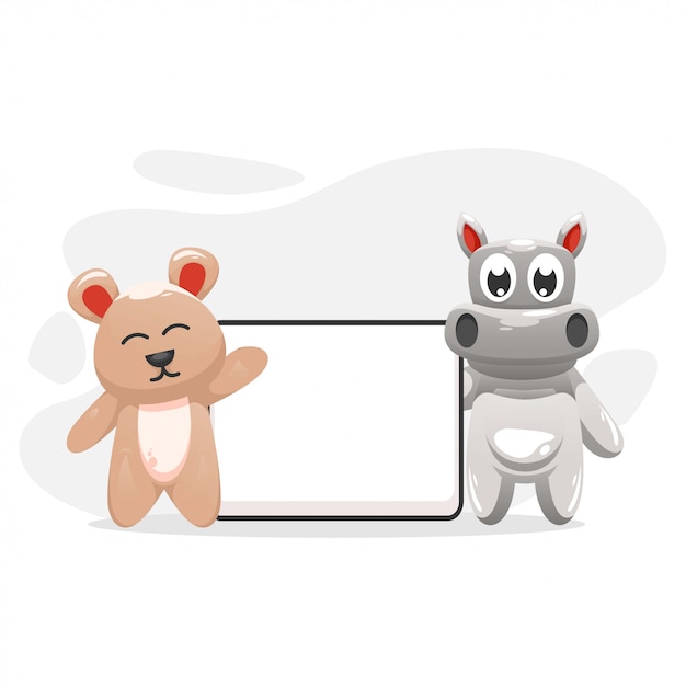 CUTE BEAR AND HIPPO WITH WHITEBOARD CARTOON 