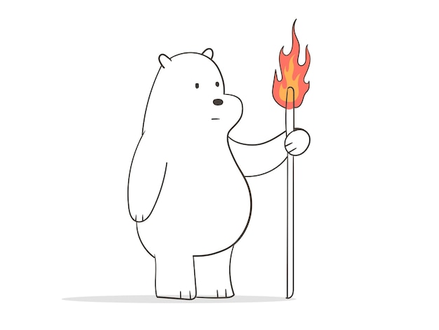 불타는 막대기 라인 아트 그림을 들고 귀여운 곰