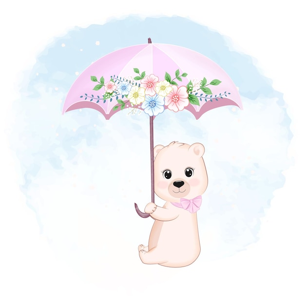 花の花束と傘を持ってかわいいクマ