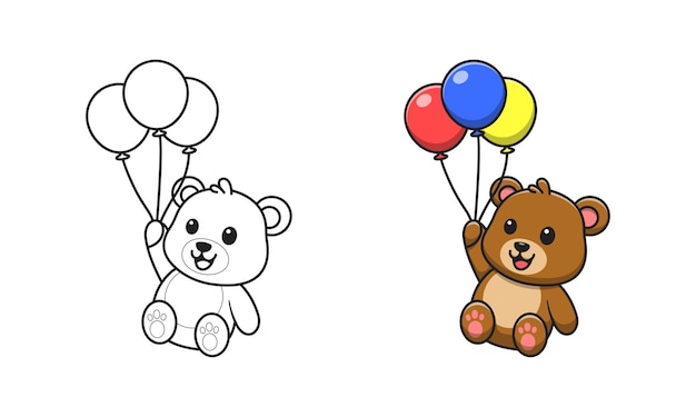 Cute bear holding balloons cartoon coloring pages for kids