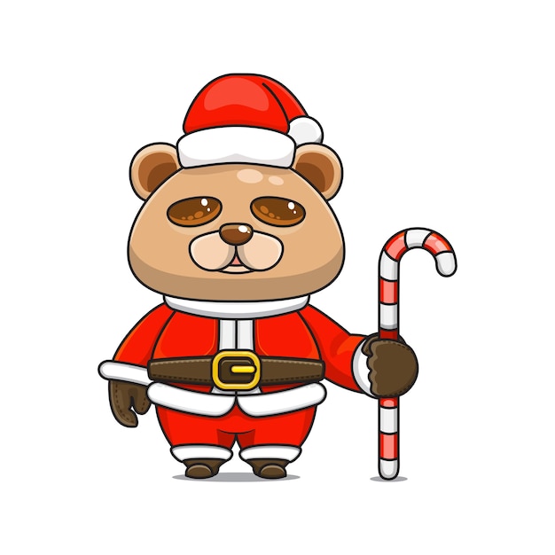 クリスマスの衣装でキャンディケインの漫画の動物を保持しているかわいいクマ