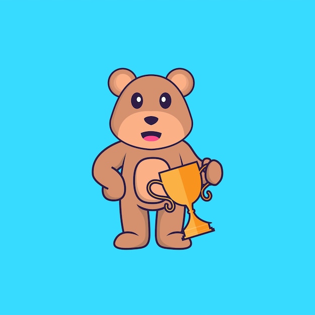 Cute bear holding gold trophy. Animal cartoon concept isolated.