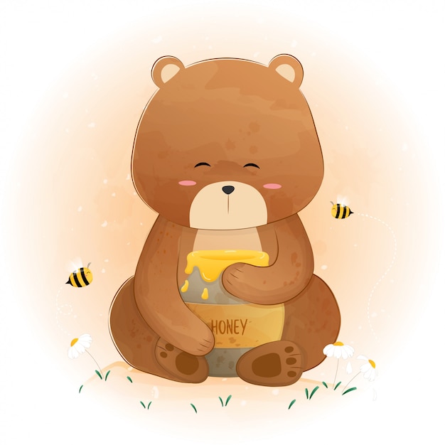 Cute Bear holding honey jar and bees flying around