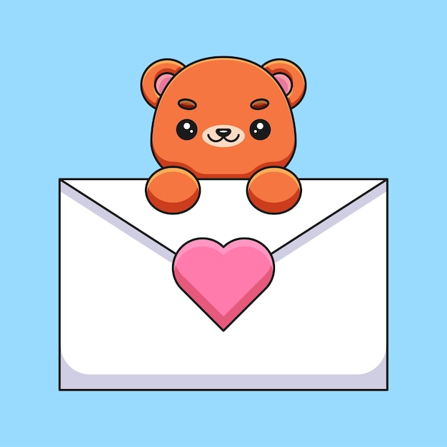 Cute bear holding a love letter cartoon mascot doodle art hand drawn outline concept vector kawaii icon illustration