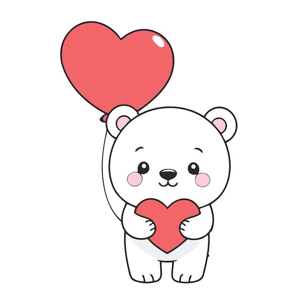 Милый медведь держит воздушный шар с красным сердцем на День святого Валентина