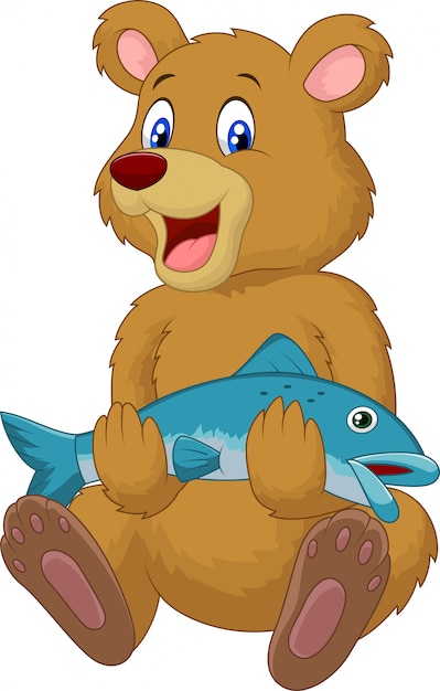 Cute bear holding salmon fish