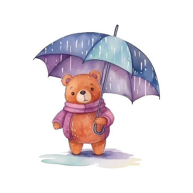 Cute bear holding umbrella watercolor paint