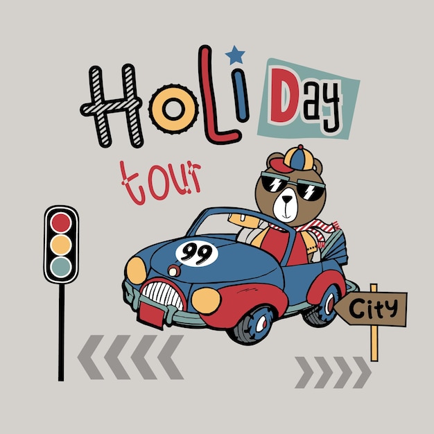 Cute bear holiday travel with car vector