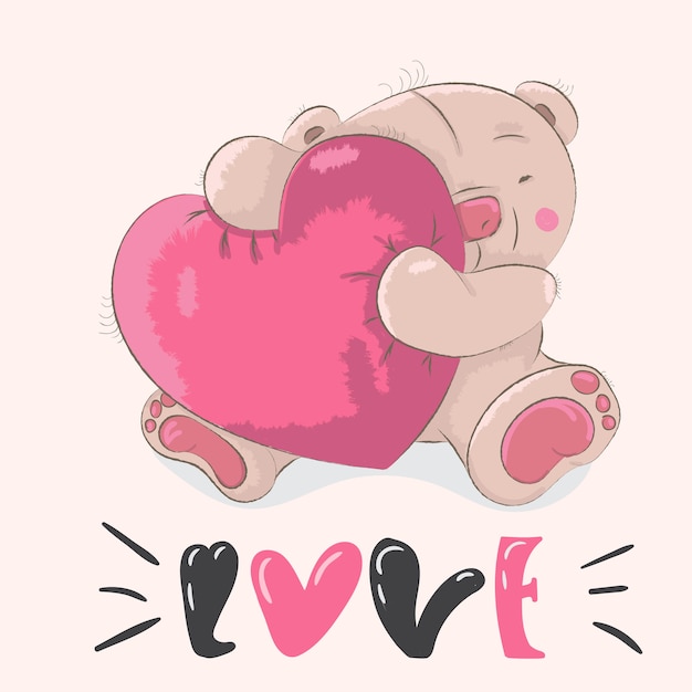 Vector cute bear hugging a heart cartoon drawing.