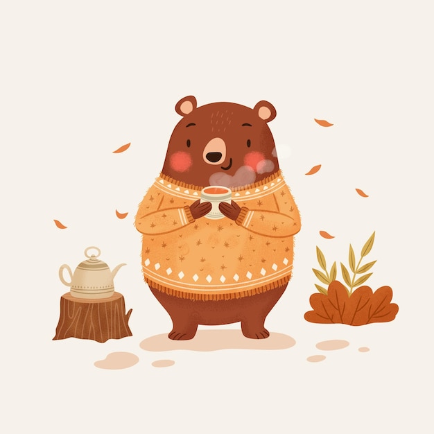 Vector cute bear illustration with a cup of tea in autumn