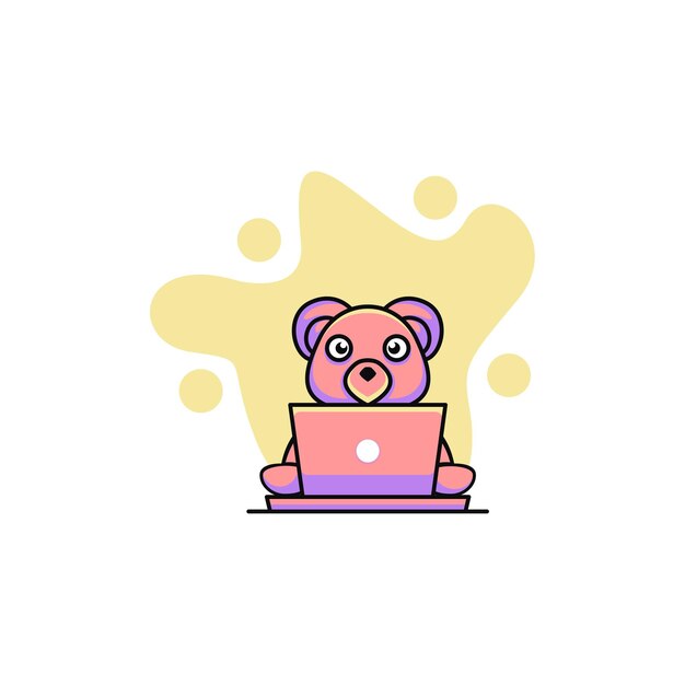 Cute bear illustration working with laptop cartoon style