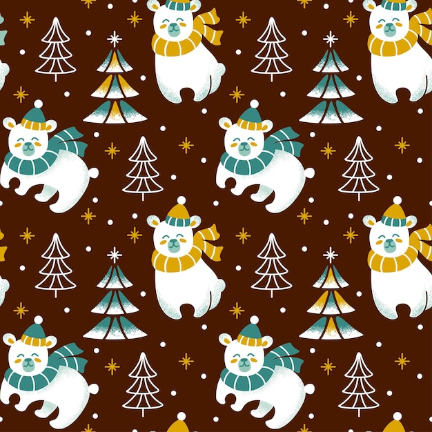 ベクトル 冬の森で編み物の帽子とスカーフをかぶった可愛いクマ シームレスパターンベクトル