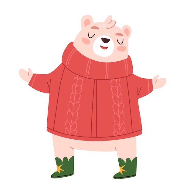 赤いセーターと緑のブーツを着た可愛いクマ クリスマスキャラクター 子供用のイラスト 手描きのスタイル