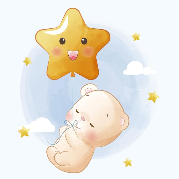 Cute bear is flying a balloon in the sky among the stars