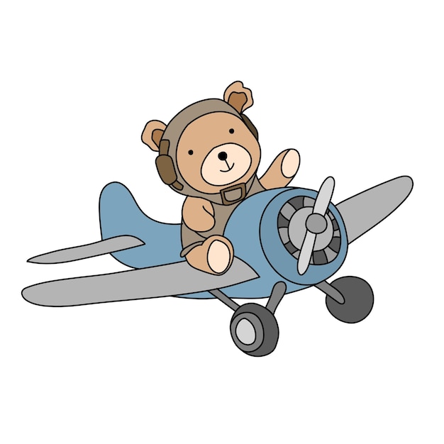 Vector cute bear is riding a small plane cartoon bear