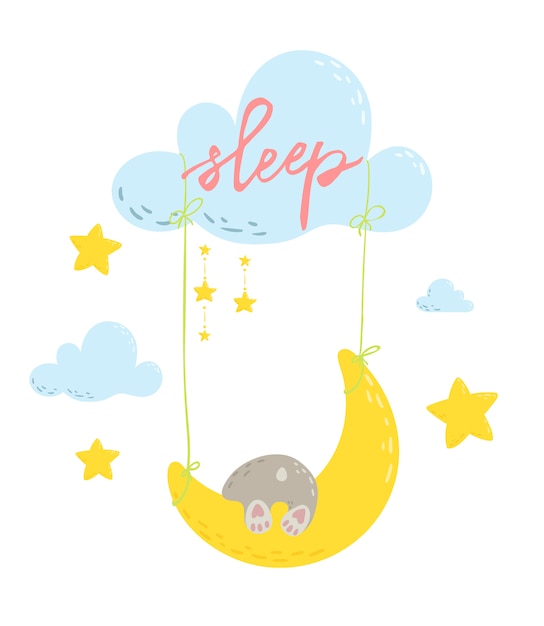 Vector cute bear is sleaping on the moon swings