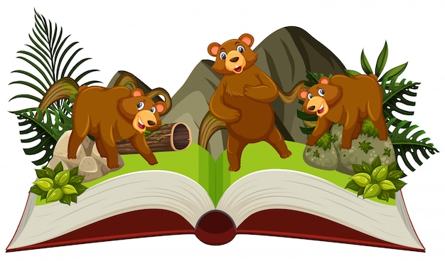 Vector cute bear in jungle open book